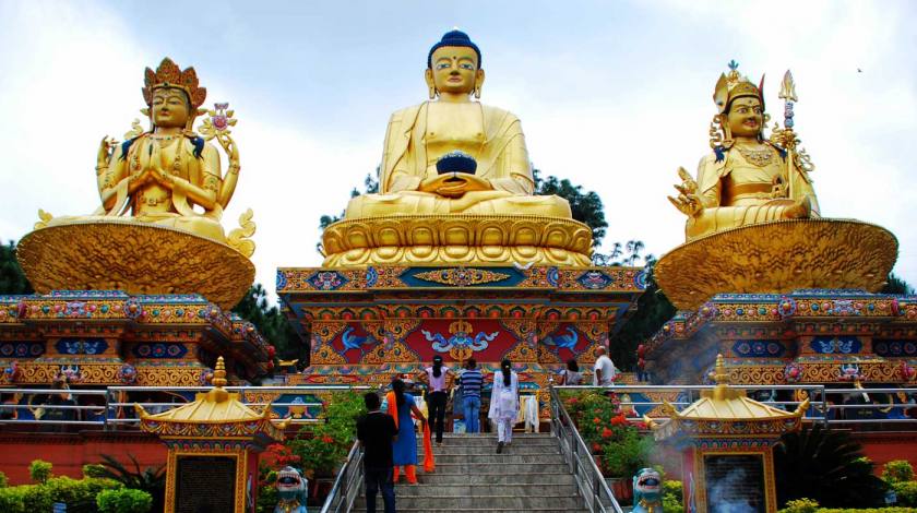 Three Buddha Statue of Avalokiteshvara, Amitaba Buddha and Padmasambhava (left to right) at Swayambu