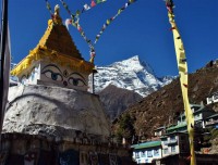 Buddhist Stupa with Mt. Kongde on background seen from Namche Bazaar